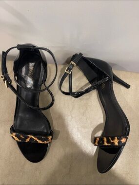 Michael Kors Black Leather Stiletto Sandals with Leopard Toe Strap